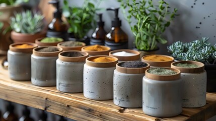 A wooden shelf with many jars of spices and herbs