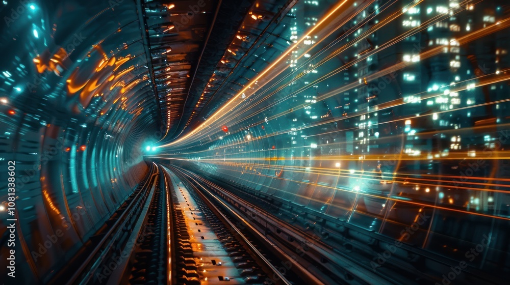 Poster a long exposure shot of a train track inside a tunnel with streaks of light from passing trains, cre