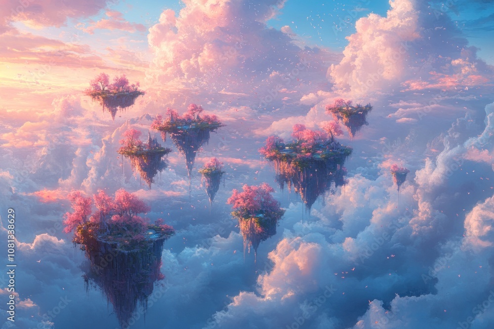 Poster a dreamy scene of multiple floating islands adorned with blooming cherry blossom trees set against a