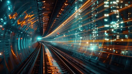 Fototapeta premium A long exposure shot of a train track inside a tunnel with streaks of light from passing trains, creating a sense of speed and movement.