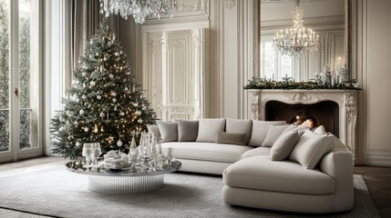 Elegant Christmas Living Room with Tree and Decorations