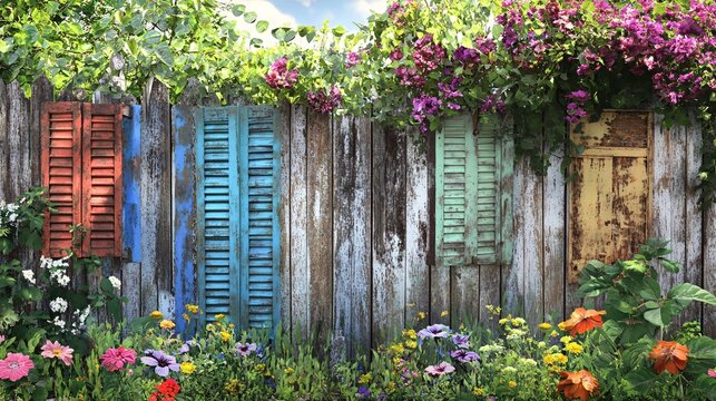 A photorealistic image of a vibrant, creative fence in a lush backyard garden. The fence should be a mix of repurposed materials: weathered wood planks, brightly painted shutters, and decorative metal