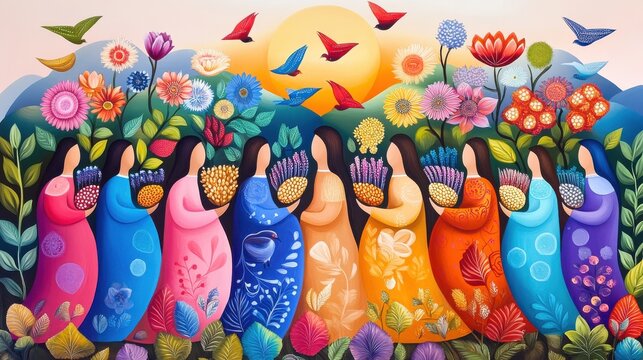 Colorful illustration of Udhauli Parva, showcasing people in traditional attire celebrating under a vibrant tree filled with flowers and birds, symbolizing gratitude and the changing seasons.