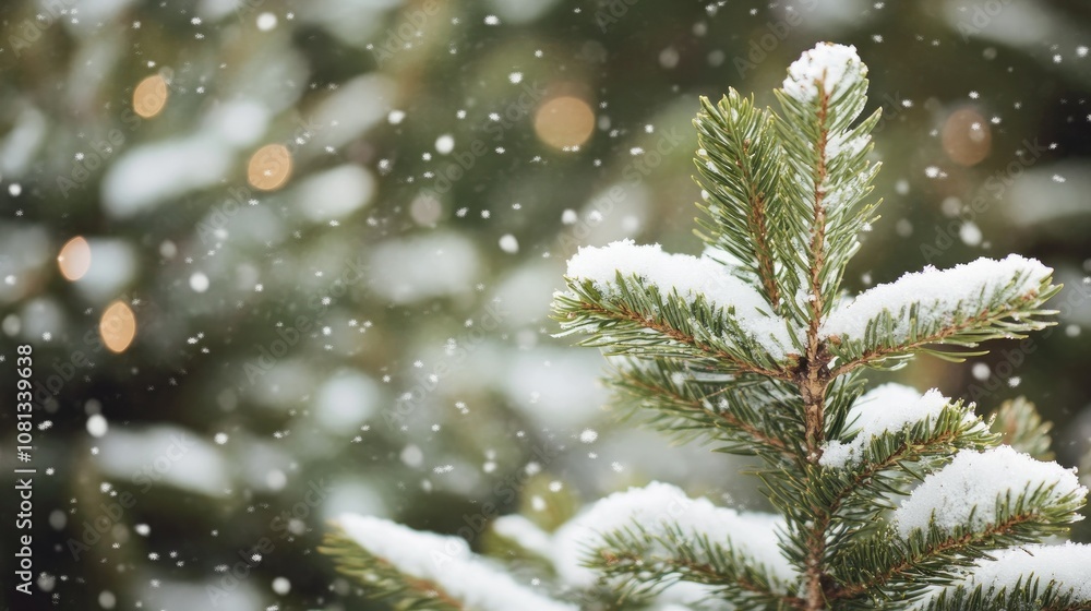 Poster snowy pine tree with soft flurries in the background