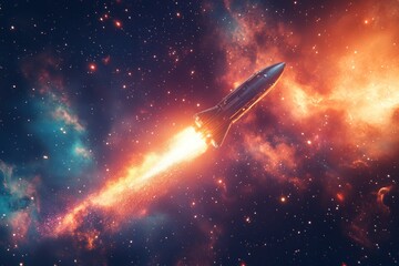 A silver rocket ship blasts off into space, leaving a trail of fire and smoke against a backdrop of bright stars and nebulas.