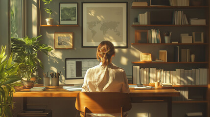 A person in home office setting sits, at a wooden desk, sunlight streaming in