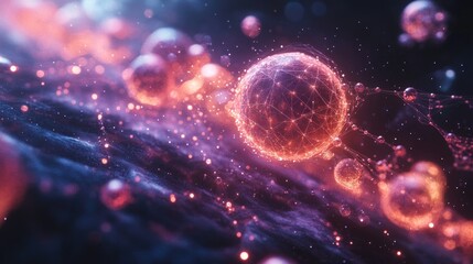 Fototapeta premium Abstract digital artwork featuring a glowing red sphere with connected lines and smaller orbs, set against a dark blue and purple background with a glittery effect.
