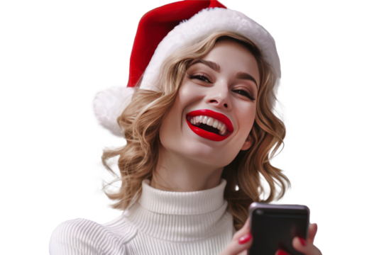 young woman with mobile phone and santa claus hat at christmas with copy space