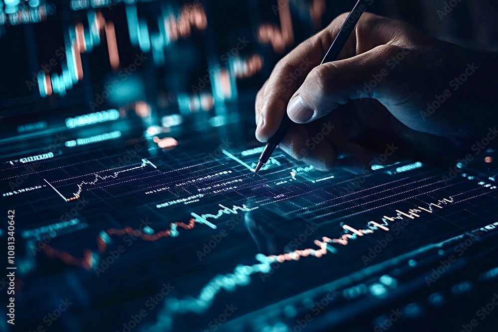 Poster trader analyzing graphs on multiple screens in office at night