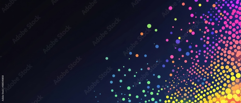 Poster colorful dots creating a vibrant gradient on a dark background.