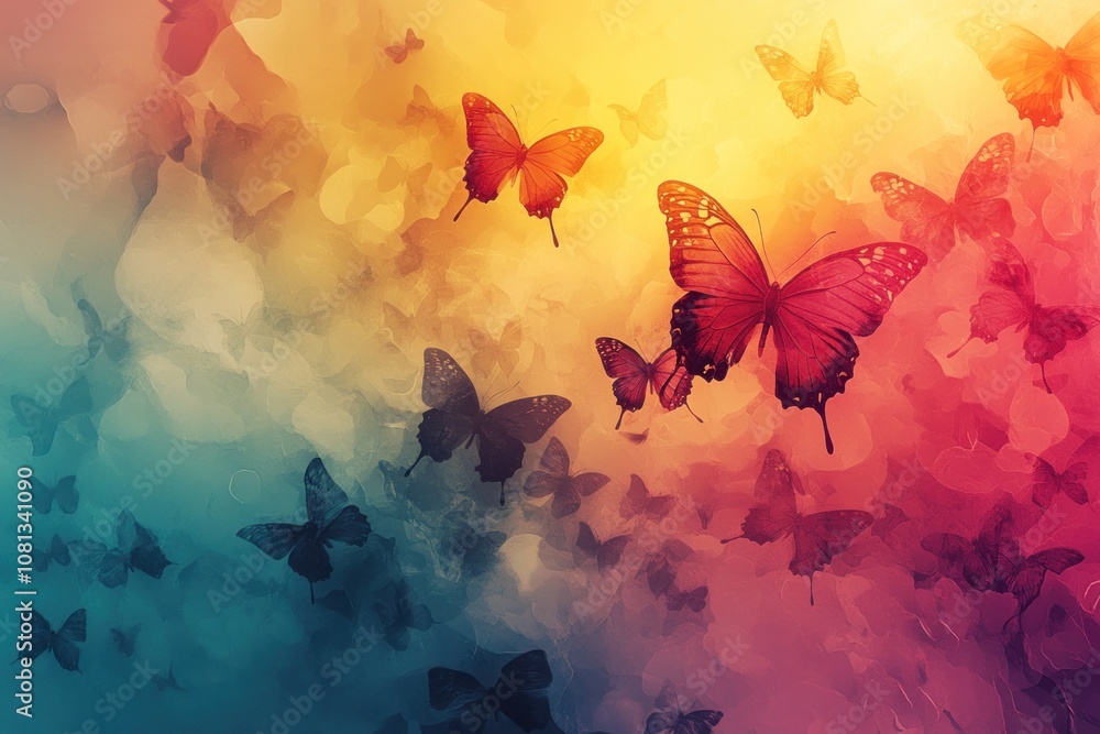 Poster a colorful abstract background with a swarm of butterflies flying towards a bright light.