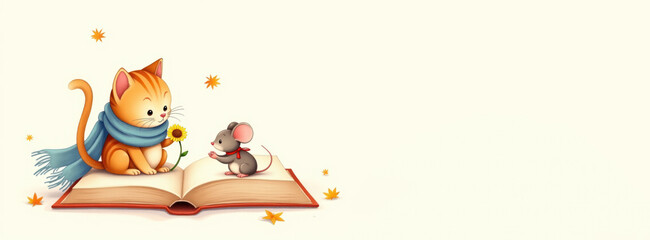 Fototapeta premium Charming Watercolor Illustration of Cat, Mouse, and Book with Flower – Birthday Card with Message Space