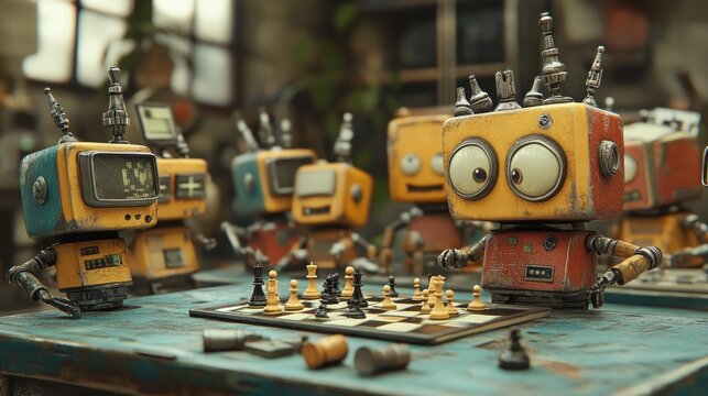 A group of retro-style robots play a game of chess on a wooden table in a workshop setting.