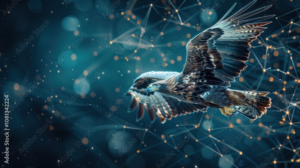 Poster a golden eagle soars through a network of glowing lines, representing the interconnectedness of natu