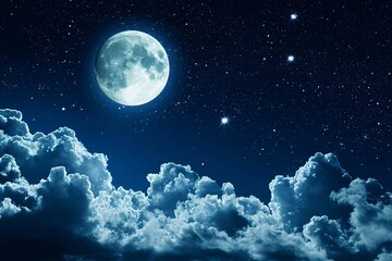Full Moon Night Sky with Clouds and Stars Nighttime Background