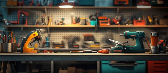 Brightly lit image of power tools like a jigsaw and sander on a well-organized metal workbench