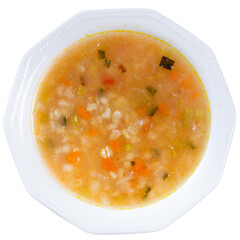 Appetizing rassolnik soup with sour pickles and pearl barley served in bowl. Isolated over white background