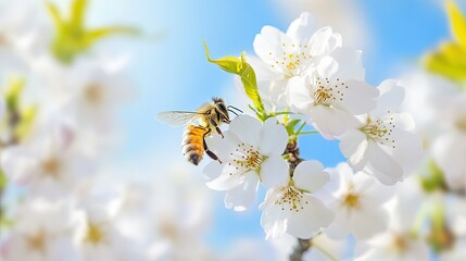 Obraz premium Bee Collecting Pollen from Cherry Blossom Flowers