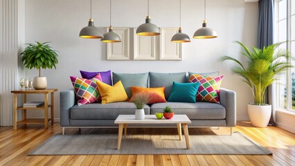 Modern Living Room with Gray Sofa and Colorful Cushions, Minimalist White Wall and Light Wooden Floor, Cozy Home Decor Inspiration, Stylish Interior Design Ideas, Comfort and Elegance