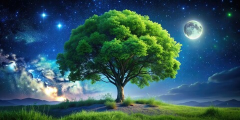 Night Photography of a Lush Green Leafy Tree Under Starry Sky, Capturing Nature's Beauty with Moonlight, Vibrant Foliage, and Serene Atmosphere in a Tranquil Outdoor Setting