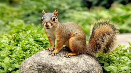 Obraz premium Squirrel on Rock Surrounded by Green Foliage