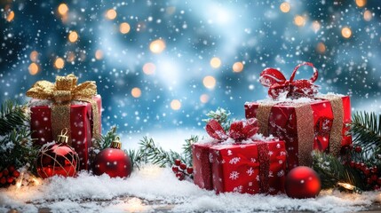 Obraz premium Beautiful christmas tree with present box in a winter landscape with snow