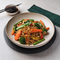 Vegetarian Noodle Stir-Fry with Fresh Vegetables and Soy Ginger Sauce, Served in a Modern, Bright and Minimalist Restaurant Setting