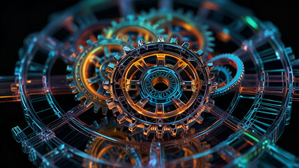 Symmetrical holographic gears floating in a transparent mesh. Background