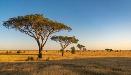 Fototapeta premium Vast Open Savannah Stretching to the Horizon, With Towering Acacia Trees Dotted Across the Landscape, Beneath a Clear Blue Sky and Gently Grazing Herds in the Distance