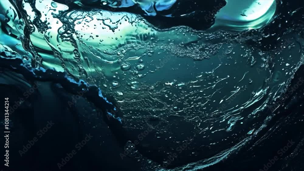 Poster underwater movement bubbles and blue liquid create tranquility and depth in abstract ocean scene