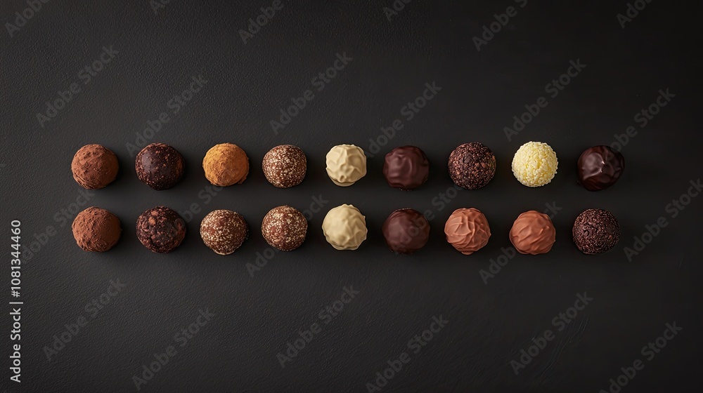 Poster assorted gourmet chocolate truffles displayed elegantly on a dark slate background in a tempting arr