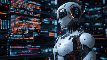 Futuristic robot amidst digital data streams.