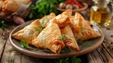 A plate of steaming hot and crispy spanakopita a popular Greek appetizer made with spinach and feta cheese is ready to be served to guests.
