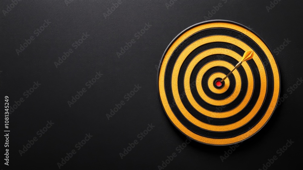 Poster accurate aim and precision: close-up of a dart arrow hitting the center of a circular target with ye