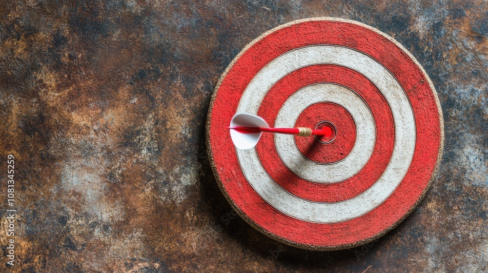Poster dart stuck in the center of a rustic circular target, showcasing precision and focus on a weathered 