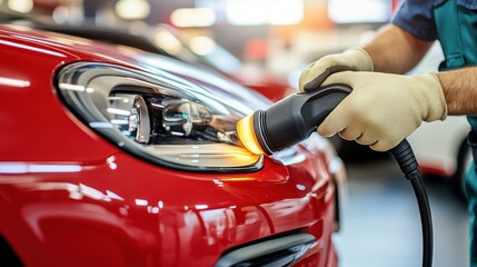 Technician polishing a red car's headlight with a buffer.