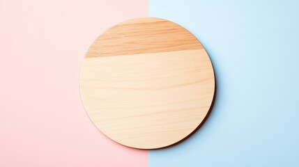 Minimalist Round Wooden Board on Split Pink and Blue Background for Stylish and Modern Culinary Photography and Design Projects