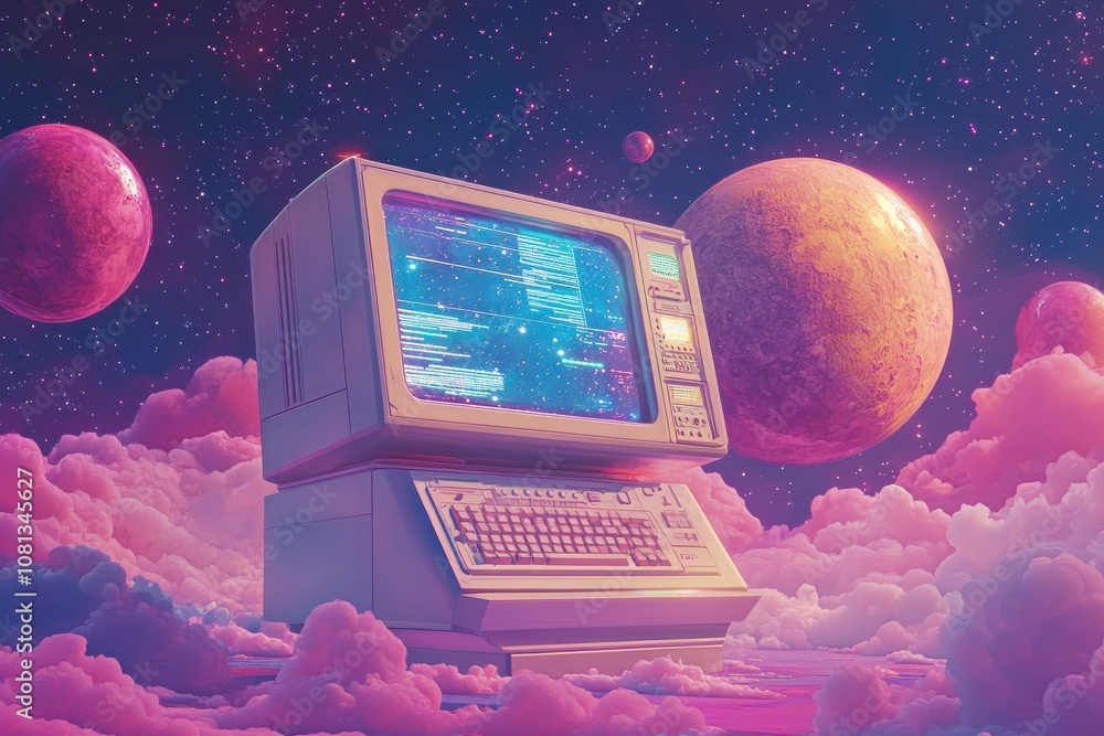 Aufkleber retro computer with glowing screen and keyboard in a dreamy space with colorful planets and clouds.