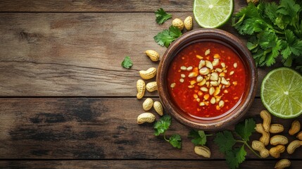 Creamy Thai Peanut Sauce with Fresh Lime and Cilantro Garnish on Rustic Wooden Background, Perfect for Culinary Dishes, Dips, or Sauces in Food Photography