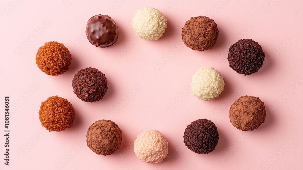 Poster assorted gourmet chocolate truffles arranged in a beautiful circular pattern on a soft pink backgrou