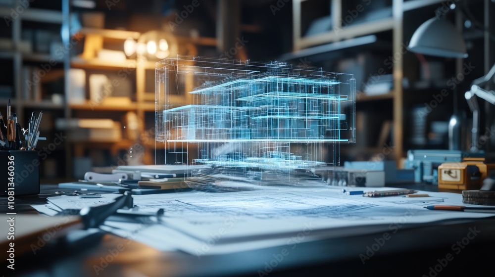 Poster 3d architectural model displayed on a workspace.