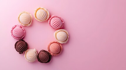Obraz premium Delightful Arrangement of Colorful Ice Cream Cones on a Soft Pink Background, Perfect for Sweet Treat and Dessert Themes