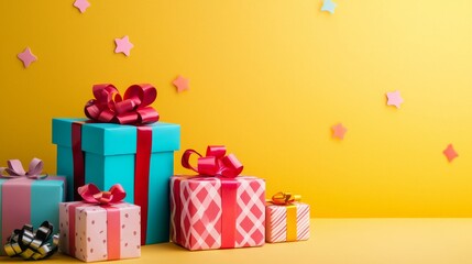 Colorful gift boxes with bows on a yellow background