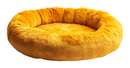 Yellow round plush pet bed on a transparent background. isolated background.