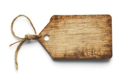 Fototapeta premium Rustic Wooden Tag with Twine on a White Background, Perfect for Gift Depictions, Pricing Labels, and Handmade Craft Projects in Various Photography Styles