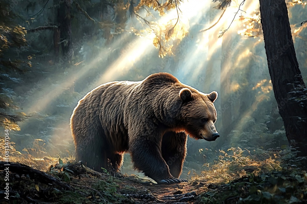 Poster brown bear walking through a misty forest illuminated by sunlight filtering through trees, creating 