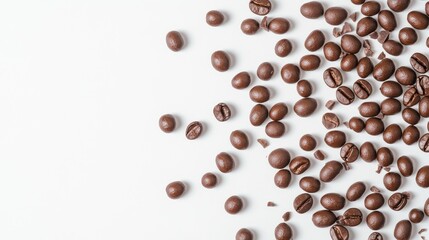 Obraz premium A Close-Up View of Dark Brown Coffee Beans Spread Across a White Surface, Perfect for Illustrating Coffee-related Themes in Culinary and Beverage Industries