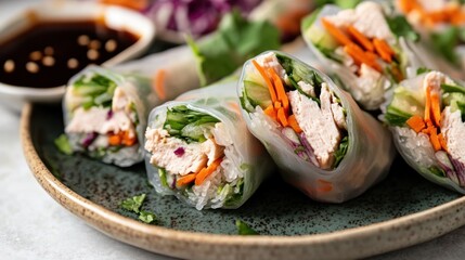 Chicken spring rolls cut open to show filling, served with soy sauce, Asian appetizer style