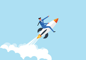 Businessman flying up with a rocket launcher, new bussines ideas new start up company, new project going up.