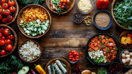 Assorted fresh vegetables and ingredients on a wooden table